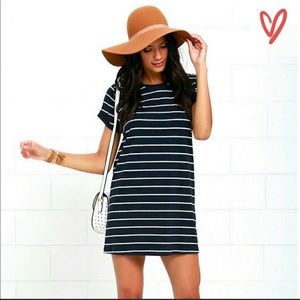 Lulu’s Cafe Society Navy Blue Striped Shirt Dress